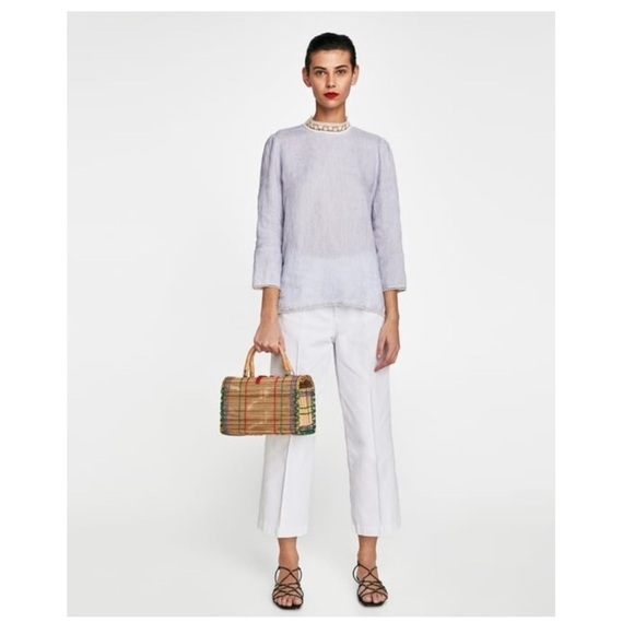 Zara Prairie Cottagecore Linen Crocheted Lace Trim Long Sleeve Blue Top Blouse M - Picture 1 of 14